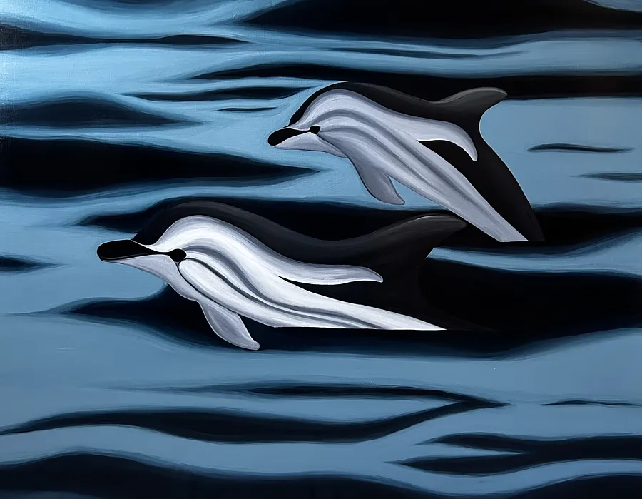 Зображення "Дельфіни-білобочки Чорного моря" від Анастасія Лебедєва, розмір: 50*70 см, матеріали: Акрил, полотно, медіум: Живопис, місто: Київ, серія: Підводні створіння, ціна: $600